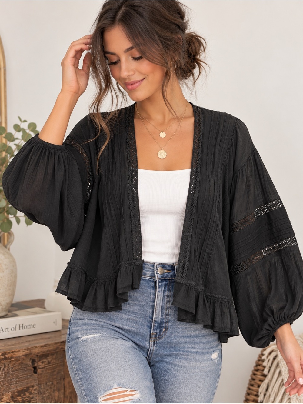 American Eagle Black Kimono, Crochet Detail